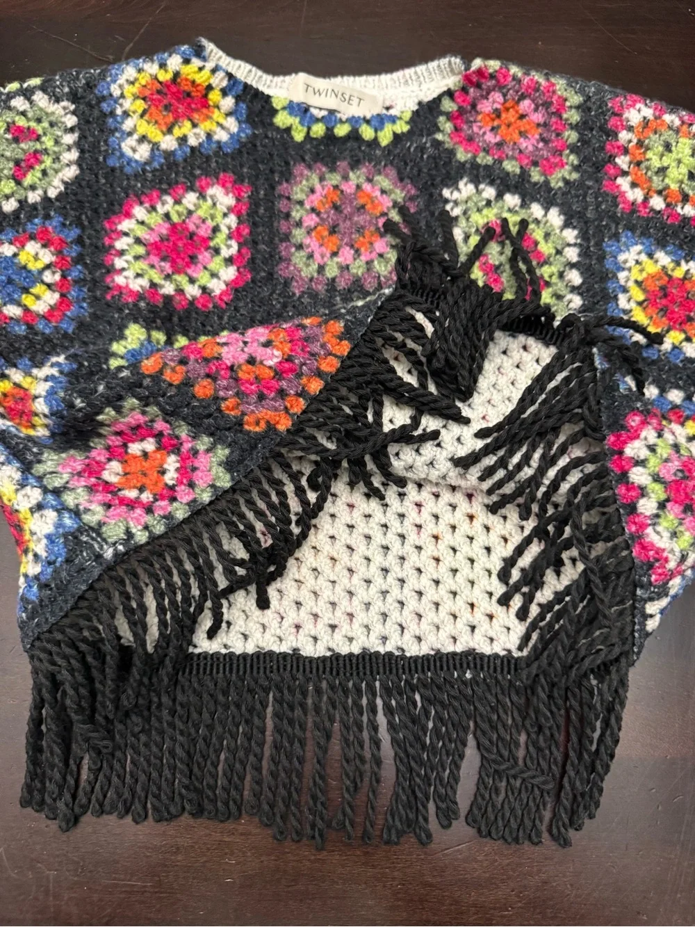 TWINSET Girls Size 8A Crochet Granny Square Fringe Sweater